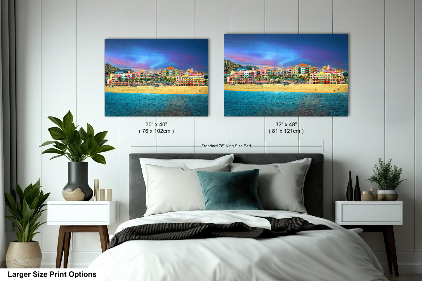 a bedroom with a bed and two pictures on the wall