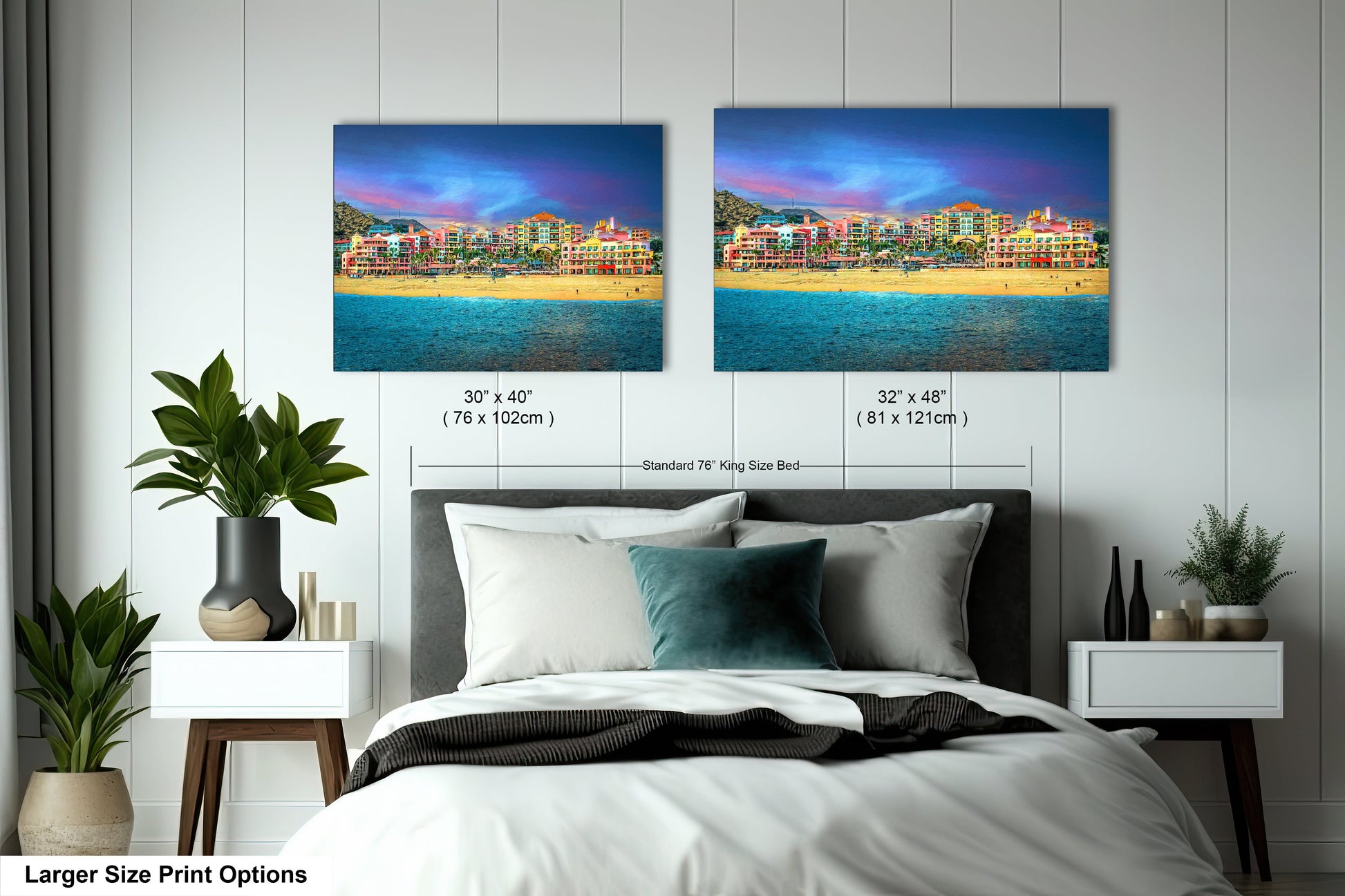 a bedroom with a bed and two pictures on the wall