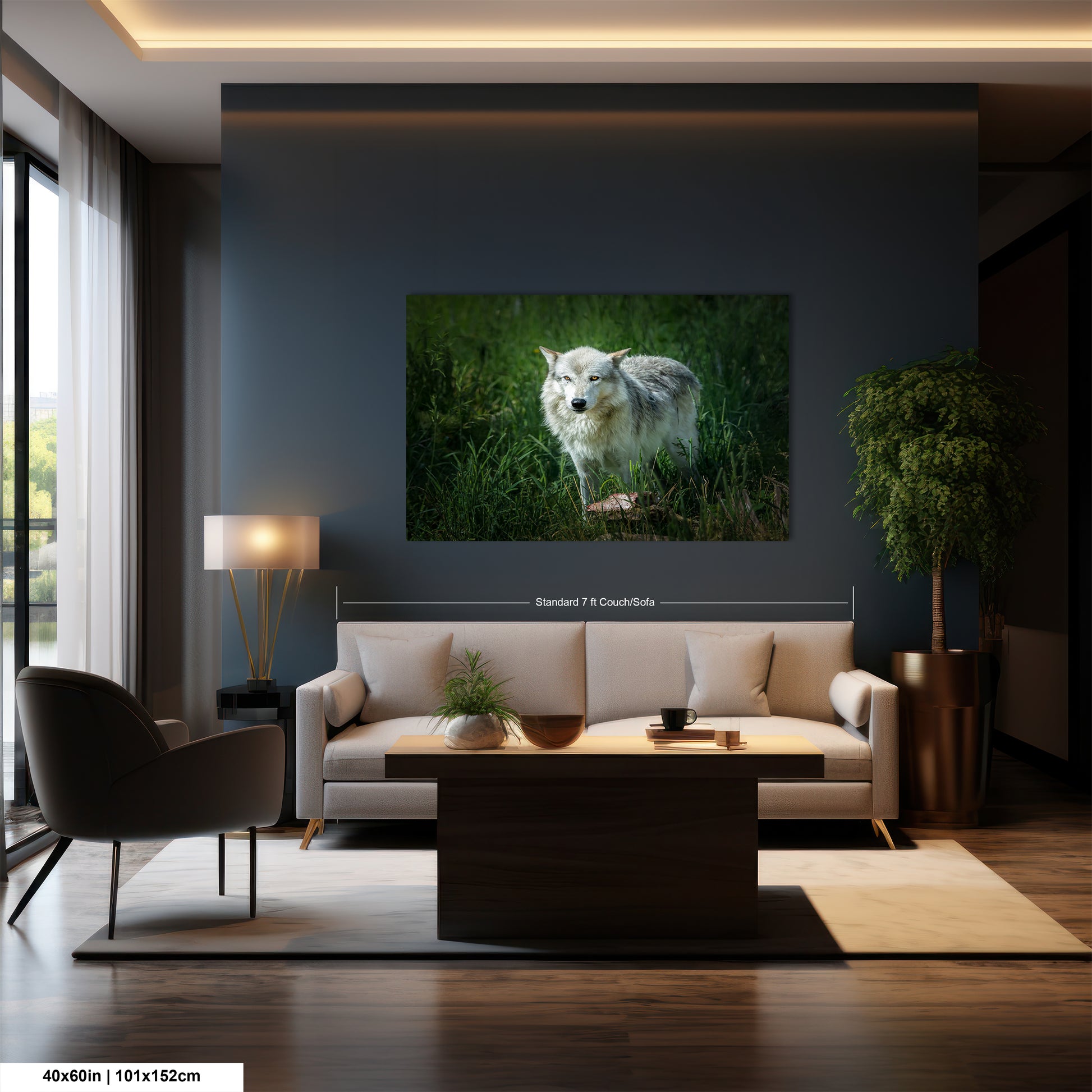 a living room with a couch a table and a painting on the wall