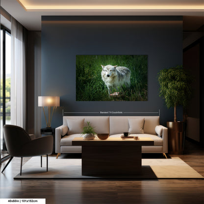 a living room with a couch a table and a painting on the wall
