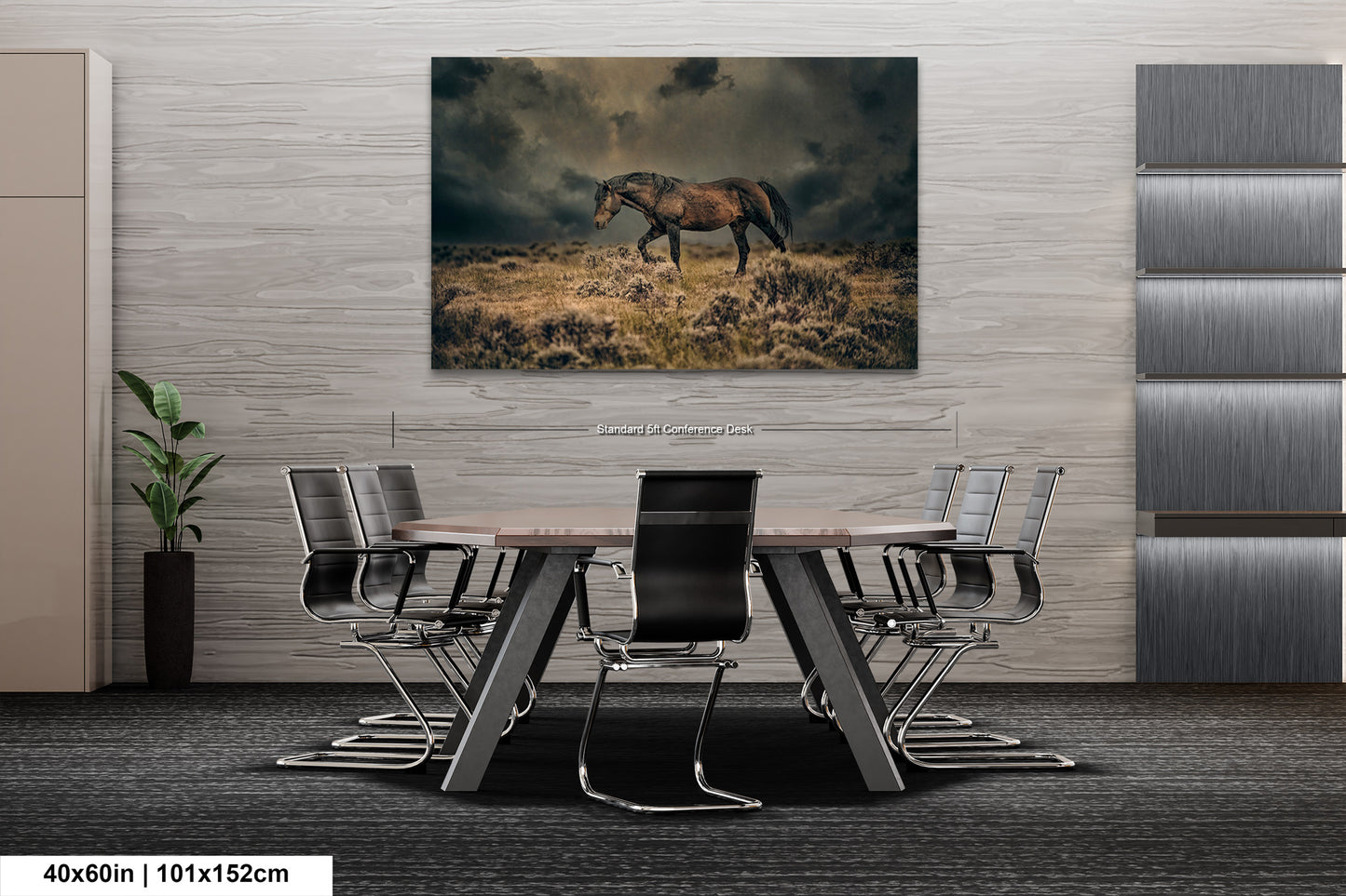 a painting of a horse on a wall above a table