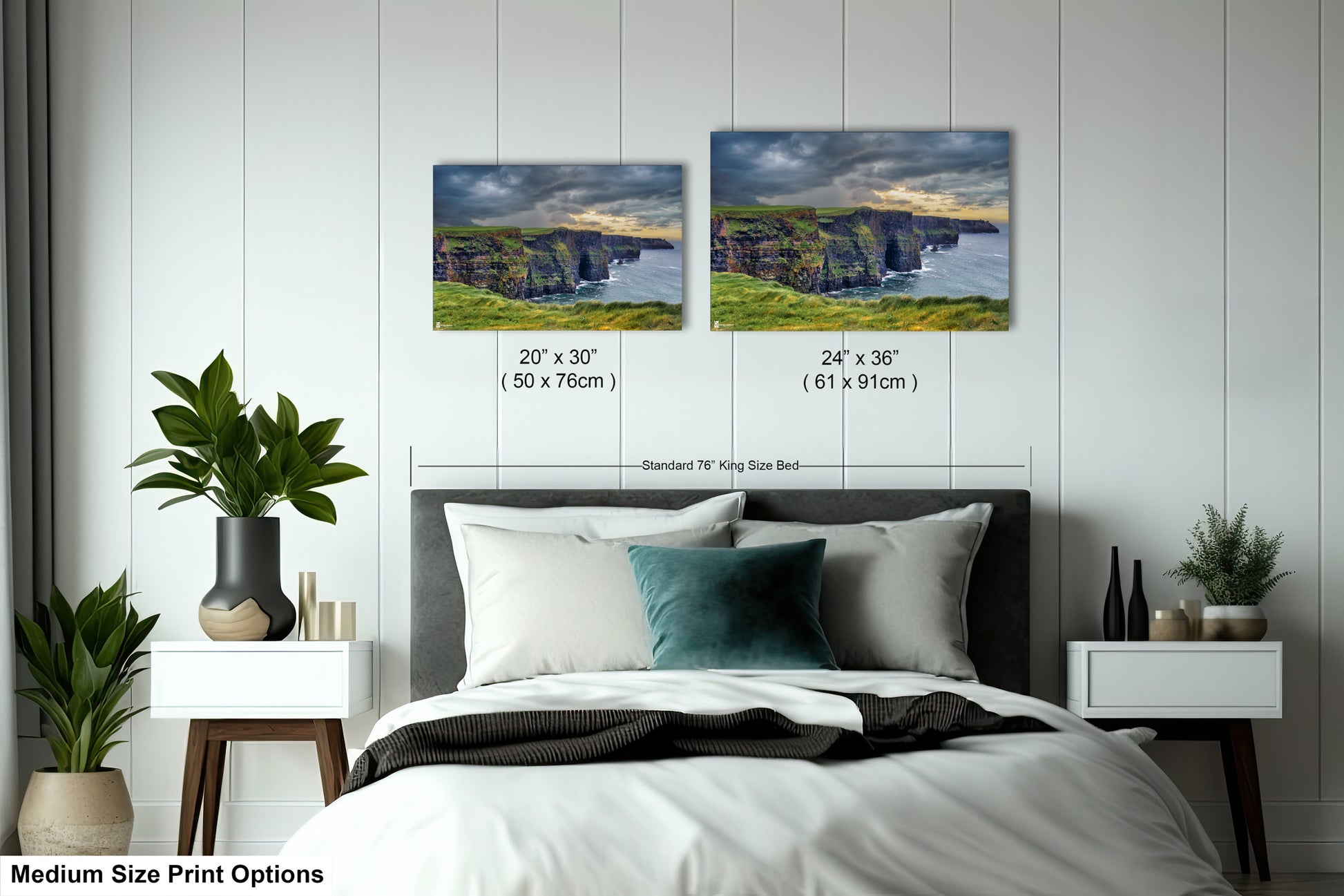 a bedroom with a bed and two pictures on the wall