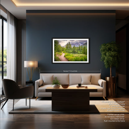 a living room with a couch a table and a picture on the wall