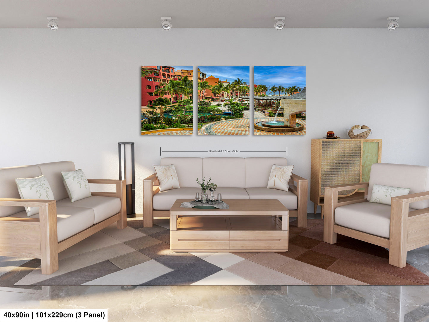 a living room filled with furniture and a painting on the wall
