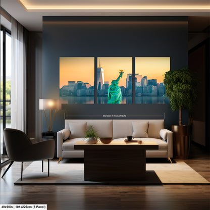 a living room filled with furniture and a painting of the statue of liberty