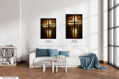 a living room with a white couch and two paintings on the wall