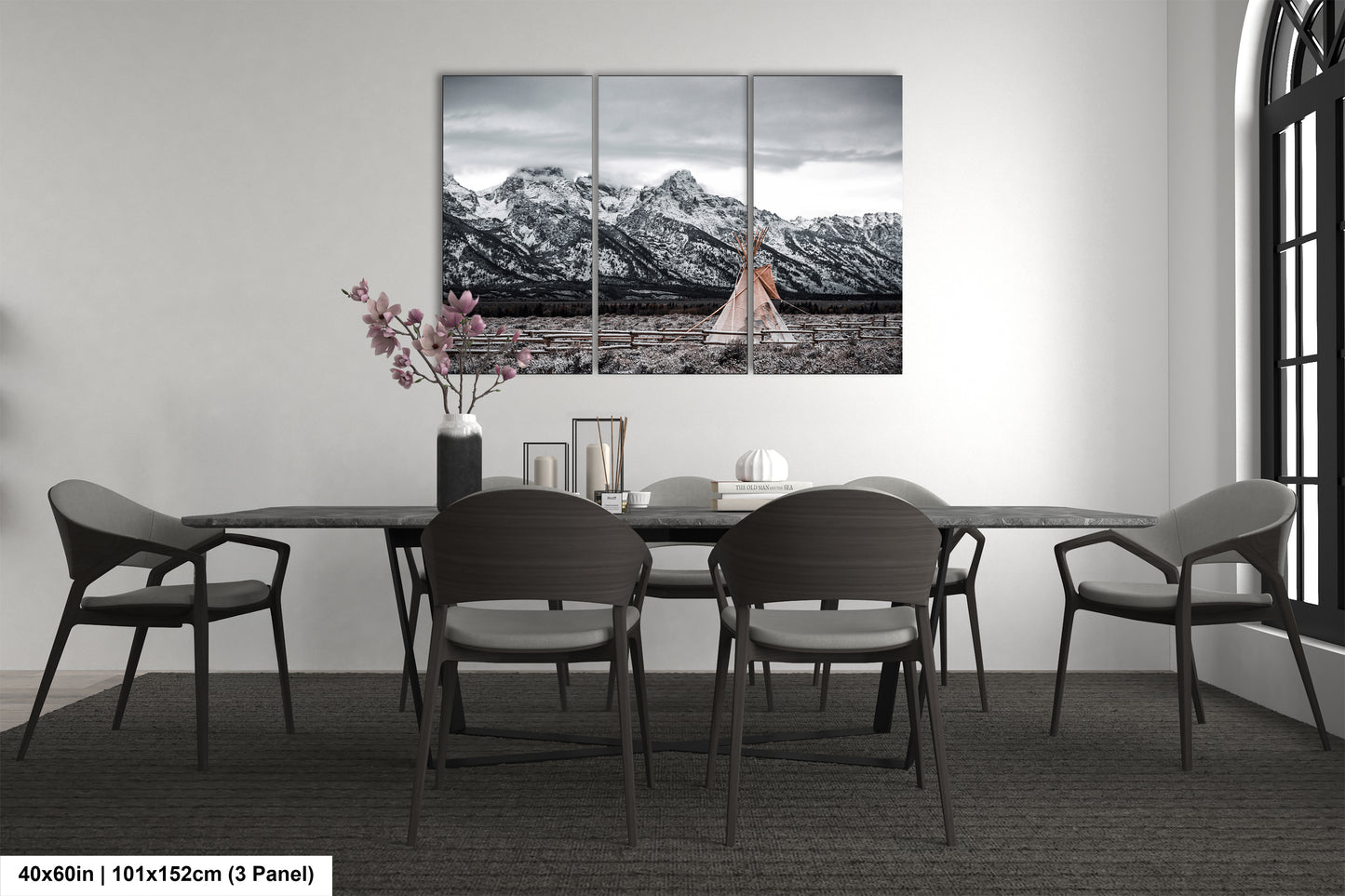 a dining room with a table and chairs