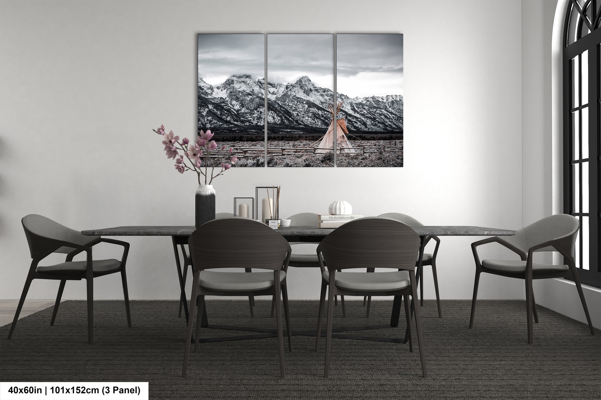 a dining room with a table and chairs