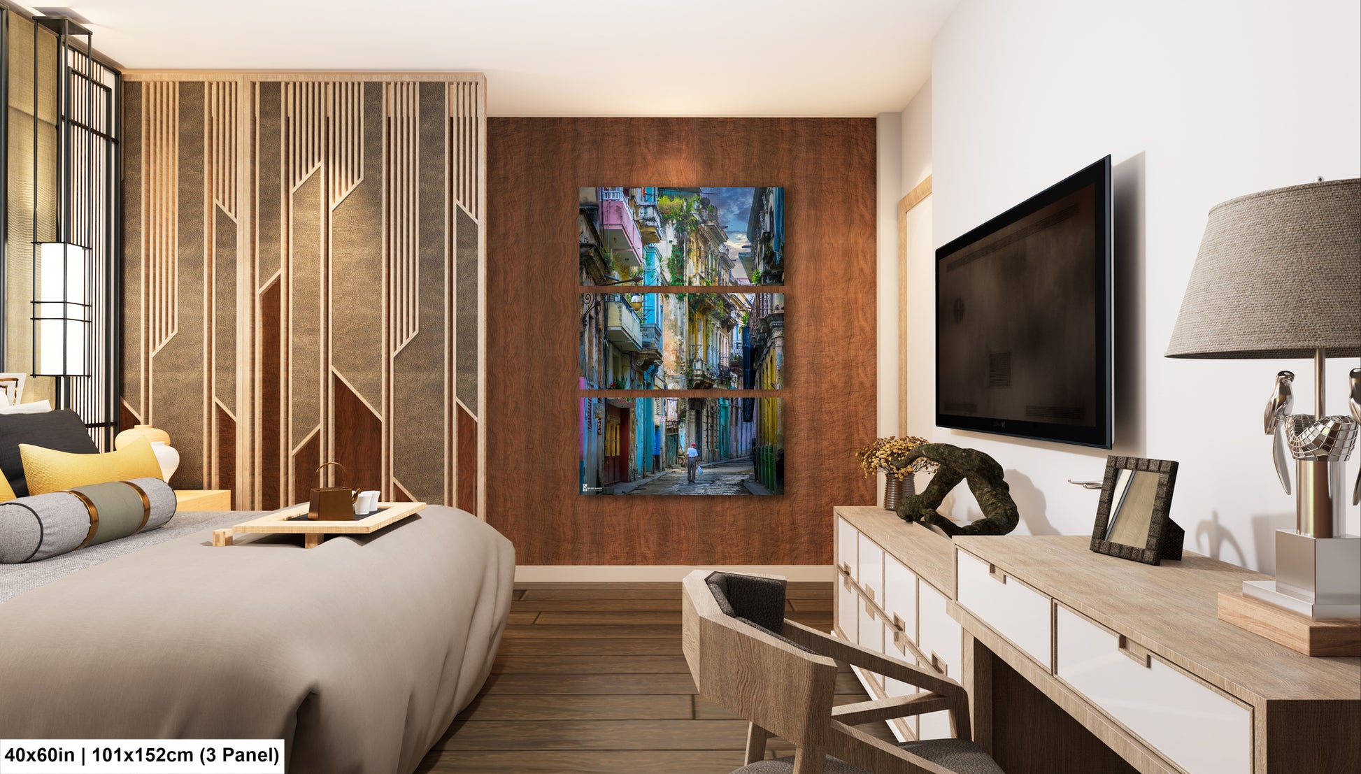 a bed room with a neatly made bed and a flat screen tv