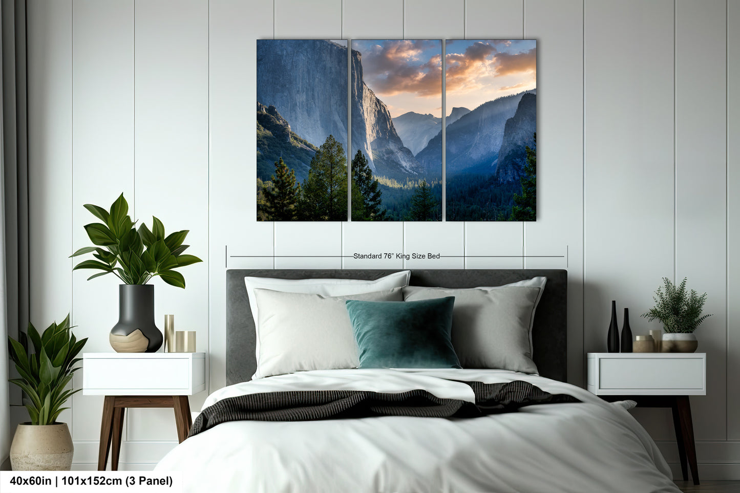 a bedroom scene with a bed and two paintings on the wall