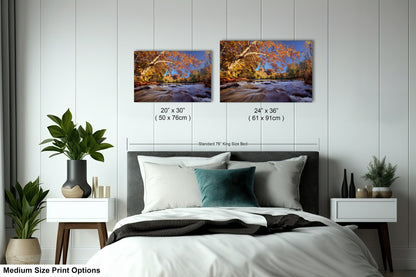 a bedroom with a bed and two pictures on the wall
