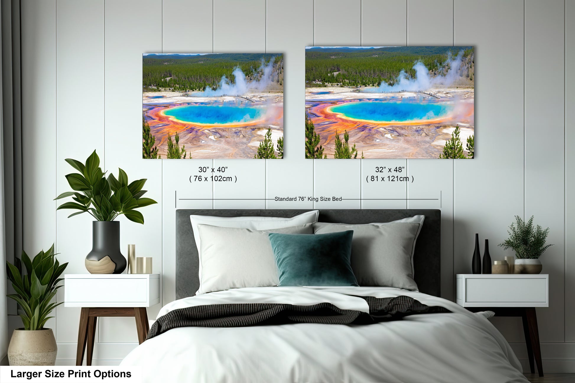 a bedroom with a large bed and two pictures on the wall