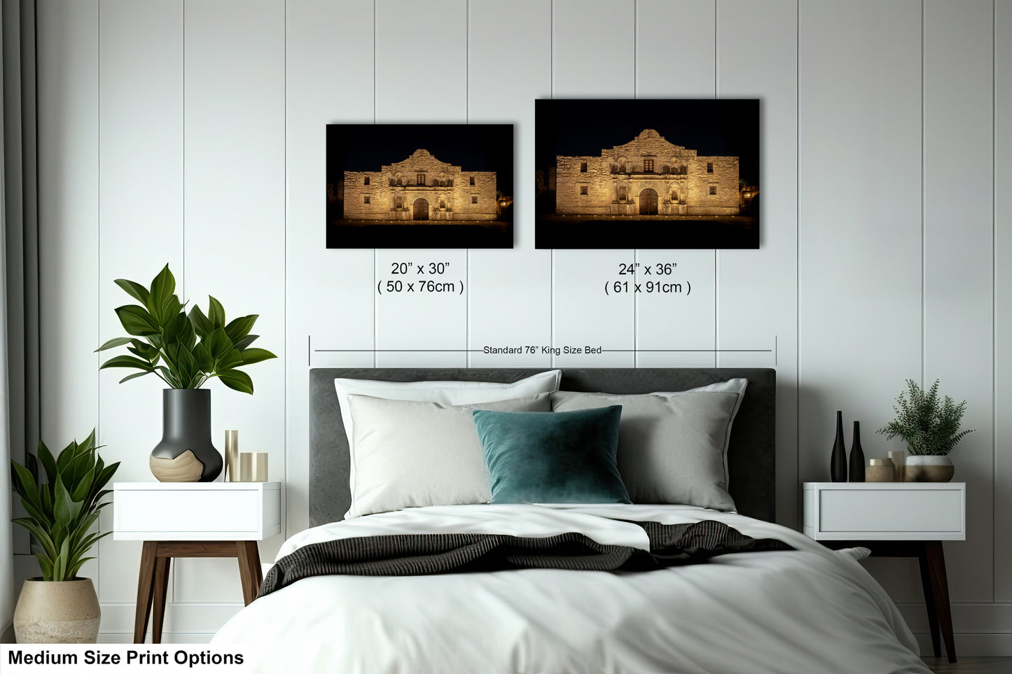 a bedroom with a bed, nightstands, and a large framed print of a building, likely a historical landmark, hanging on the wall above the bed.