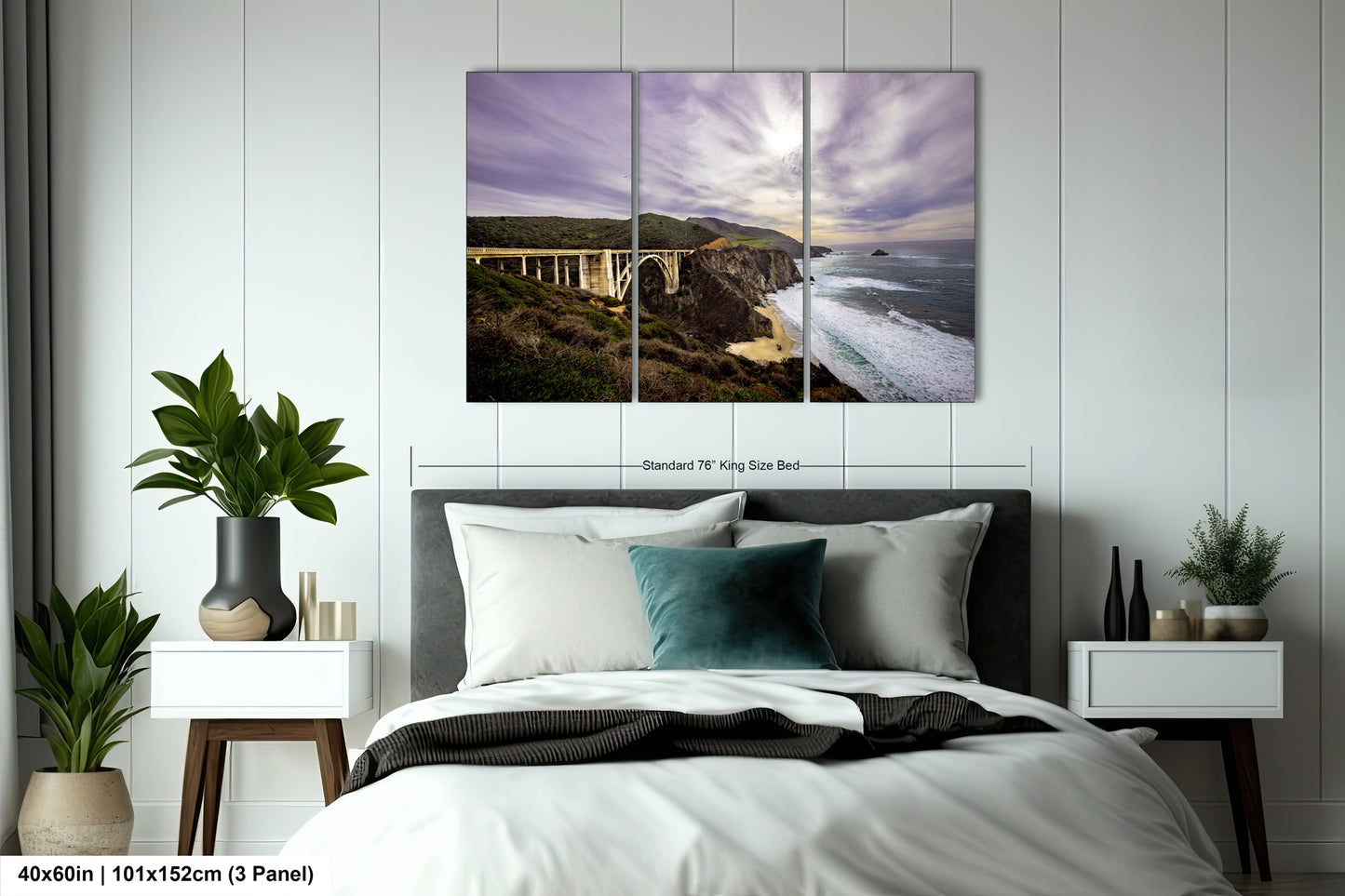a bedroom scene with a bed and a large picture on the wall