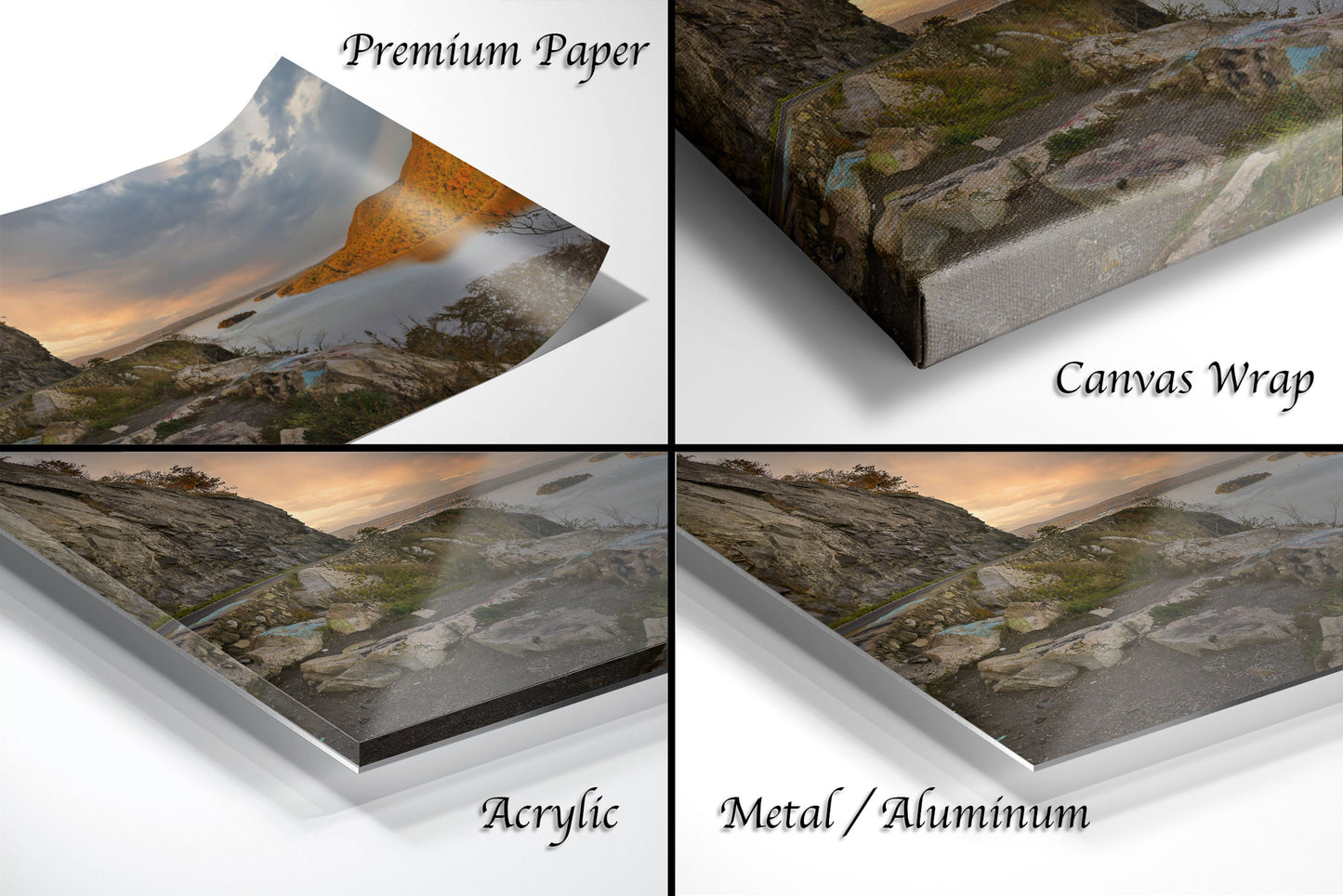 a series of four photos of a mountain range