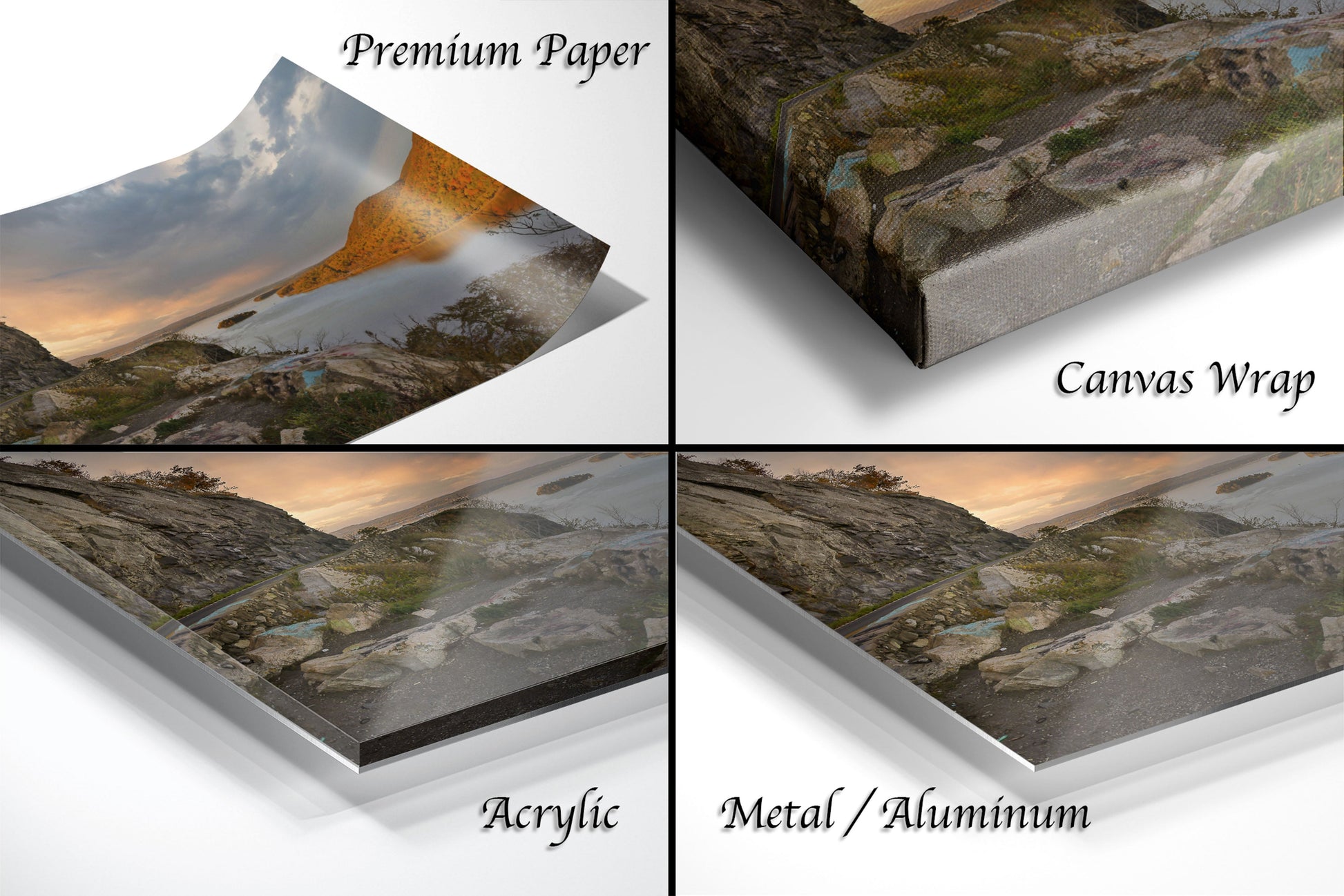 a series of four photos of a mountain range