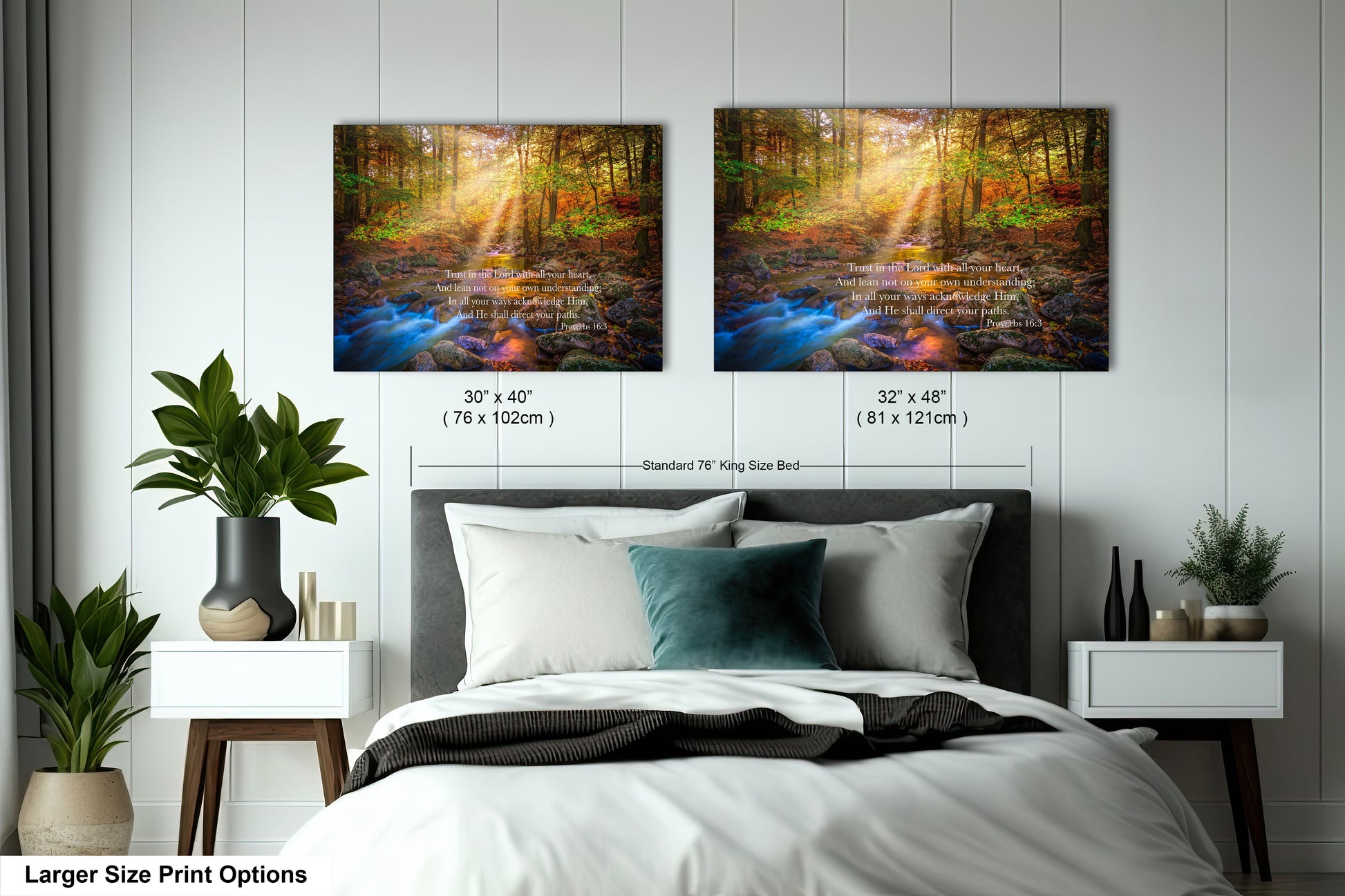 a bedroom with a bed and two pictures on the wall
