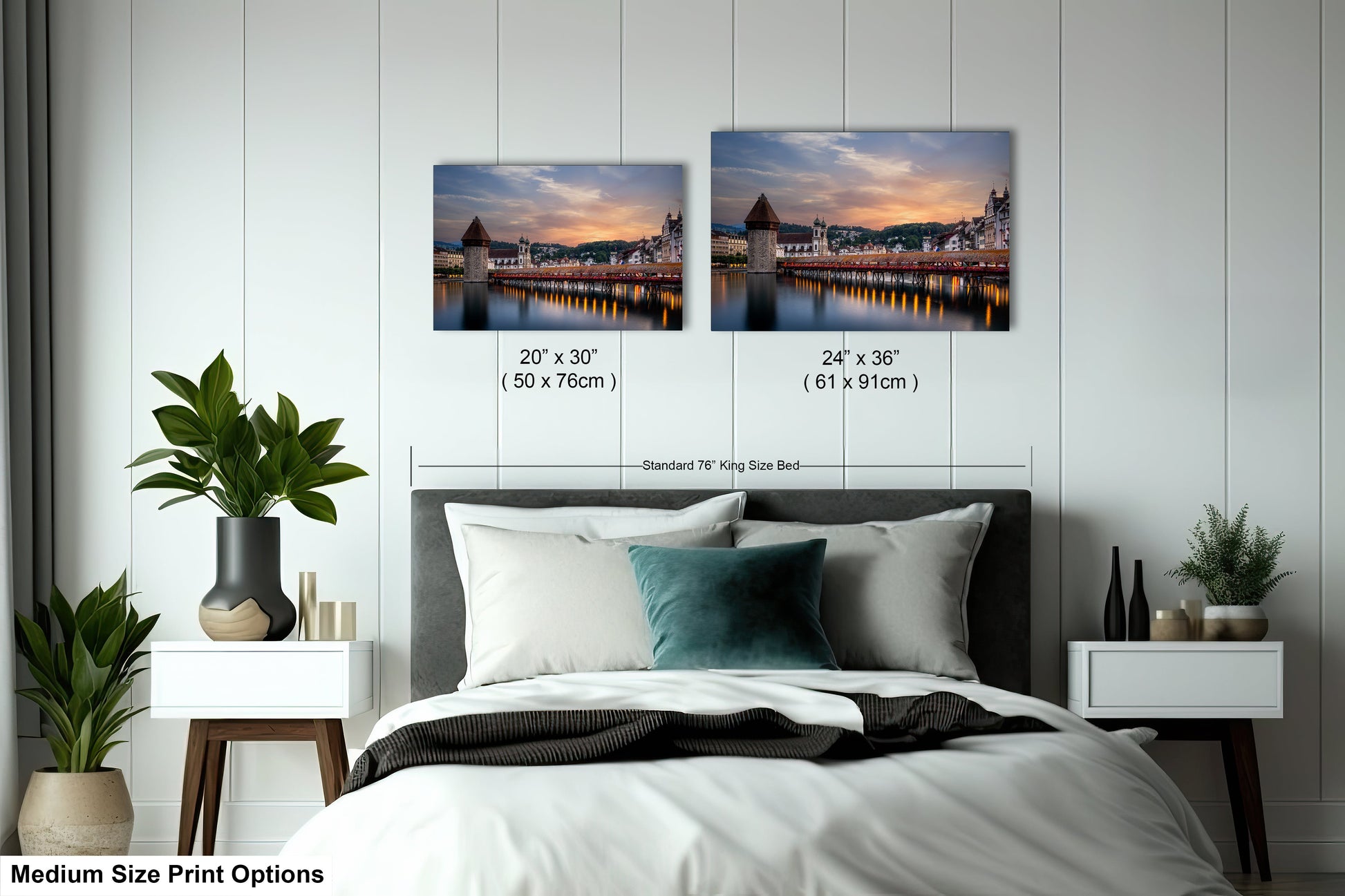 a bedroom with a bed and two pictures on the wall