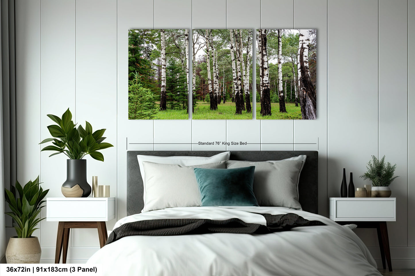 a bed room with a neatly made bed and a painting on the wall