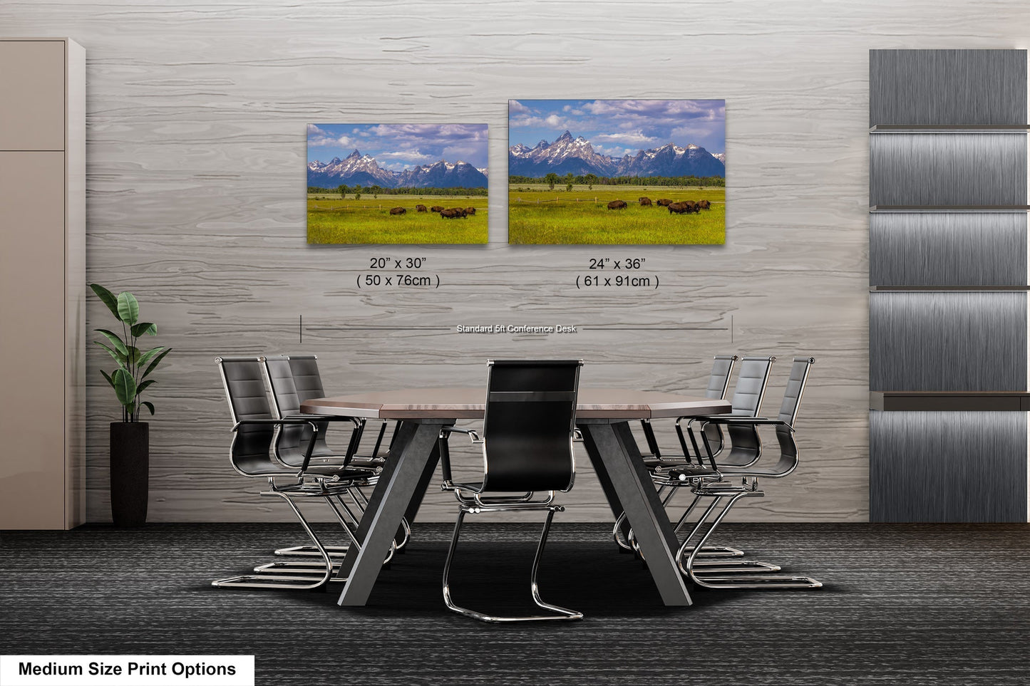 a dining room table with chairs in front of two pictures of mountains