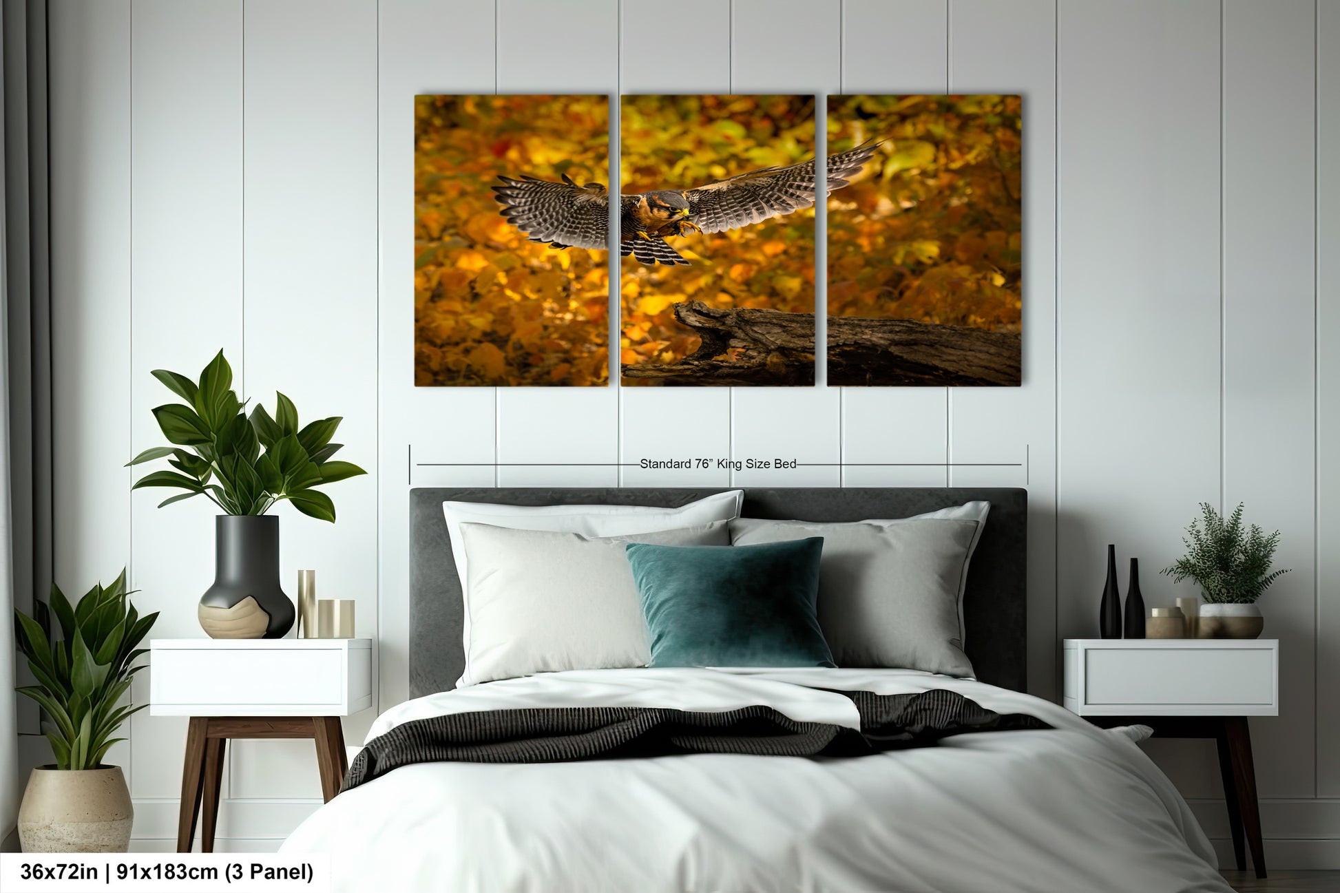a bedroom scene with focus on the bed and the wall art
