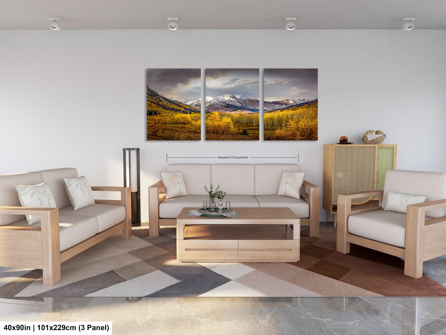 a living room filled with furniture and a painting on the wall