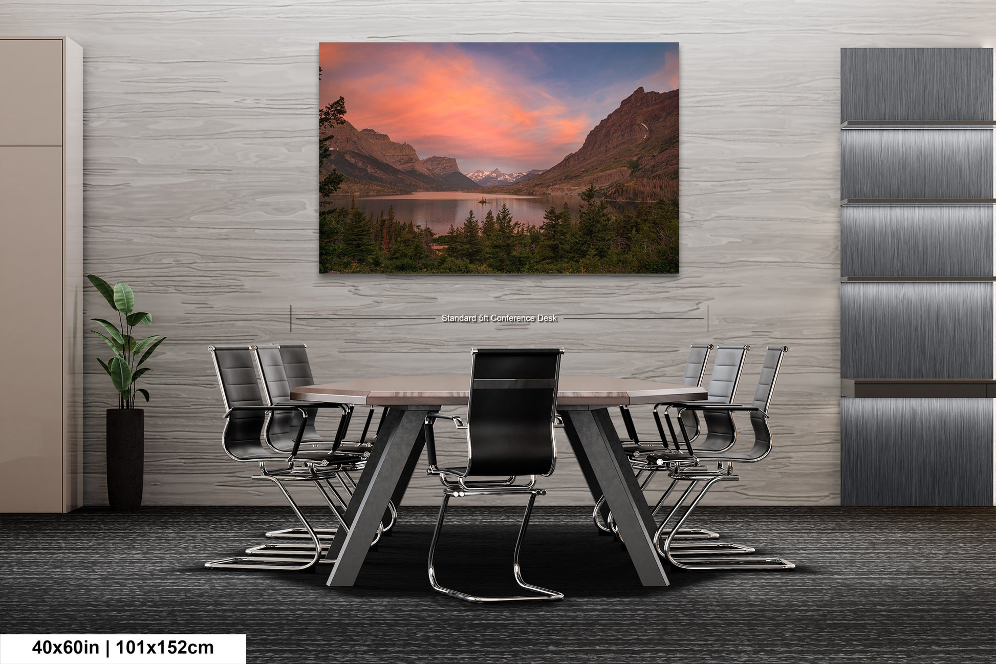 a dining room table with chairs and a painting on the wall