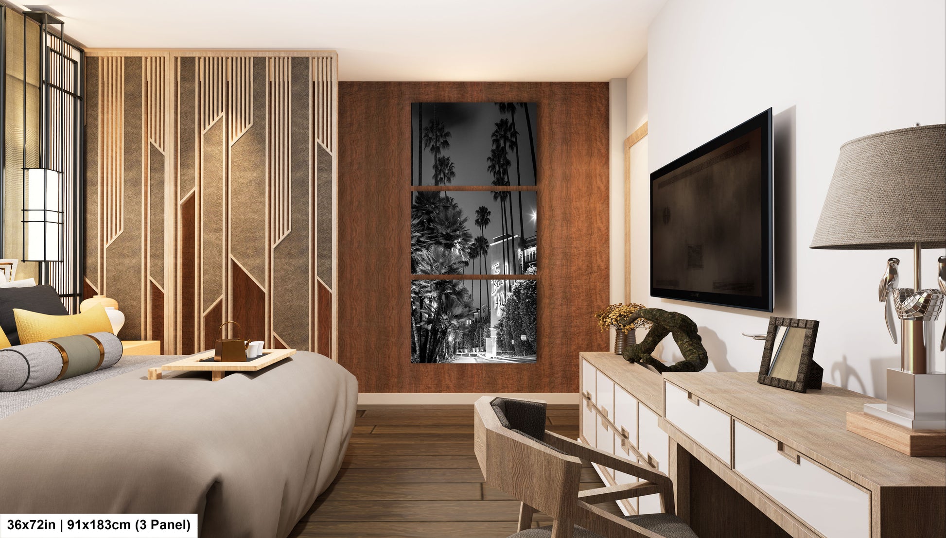 a bed room with a neatly made bed and a flat screen tv