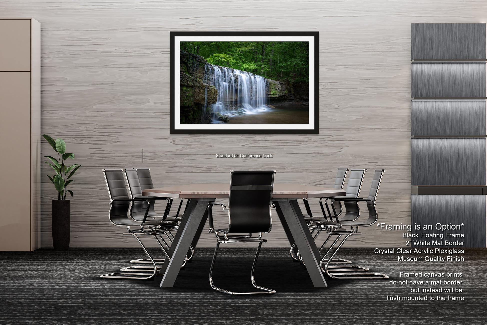 a picture of a waterfall in a dining room