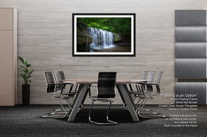 a picture of a waterfall in a dining room