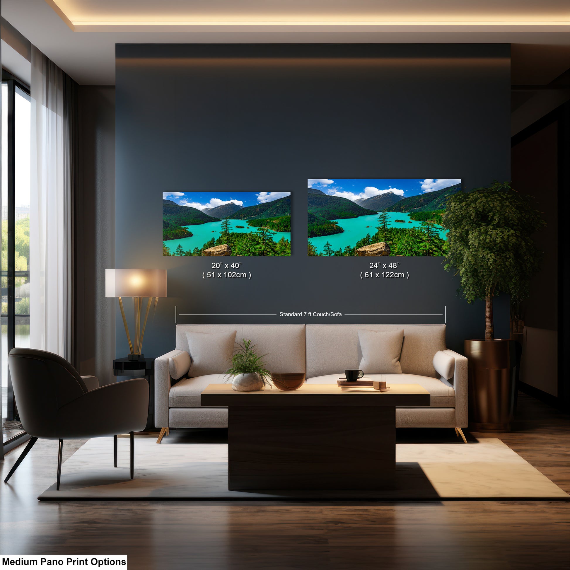 a modern living room with a large wall-mounted painting depicting a scenic landscape with mountains, a lake, and a forest. The painting is framed and hangs above a white sofa and a coffee table. The room also includes a chair, a lamp, and a potted plant, creating a cozy and inviting atmosphere.
