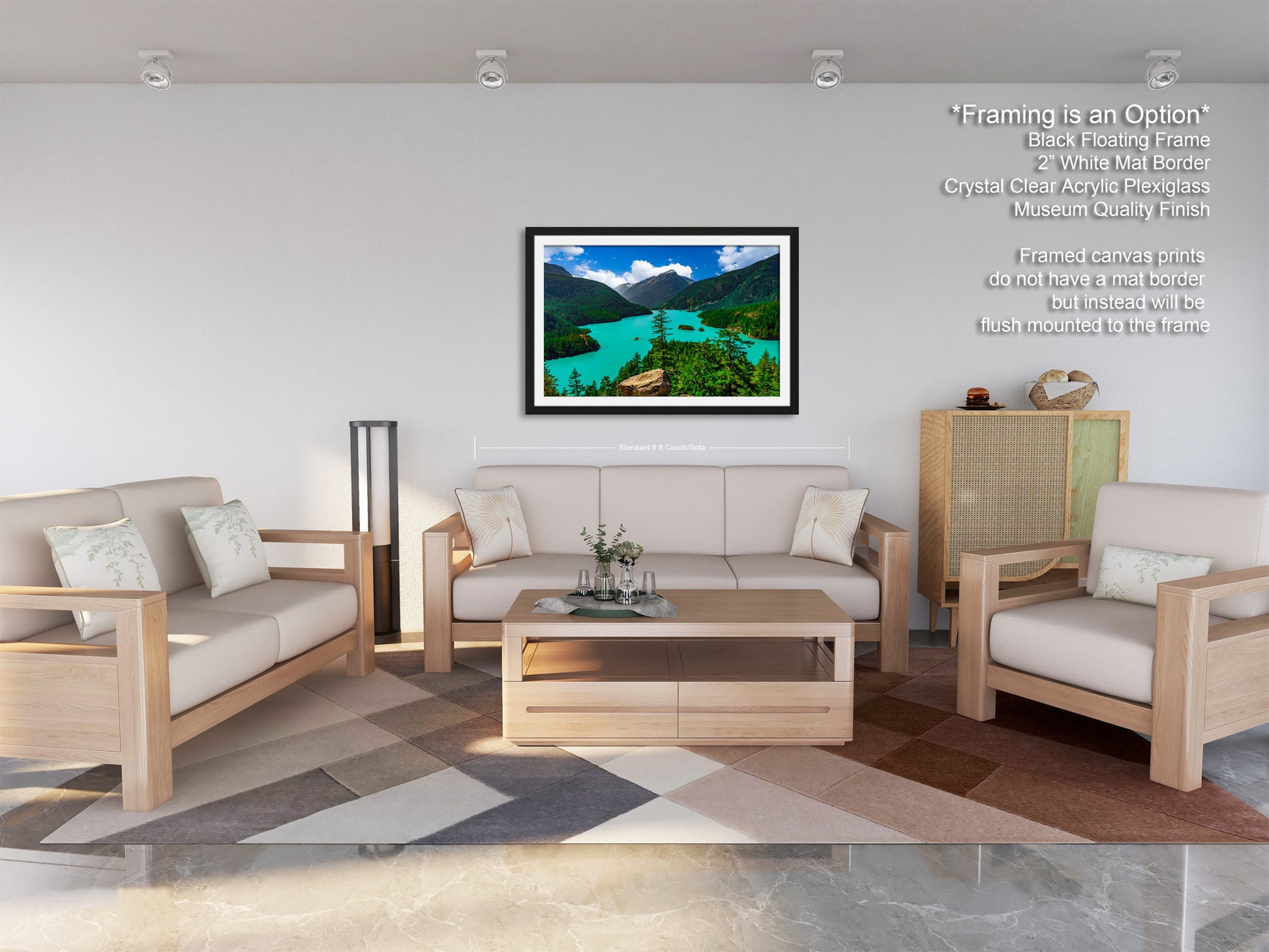 a modern living room with a large framed landscape painting hanging on the wall. The room is furnished with a sofa, two armchairs, and a coffee table, creating a comfortable and inviting atmosphere.