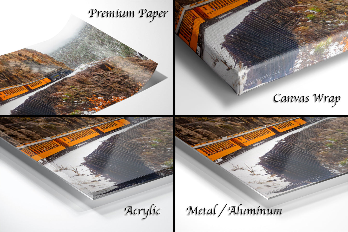 four different views of a box with a picture of a train on it