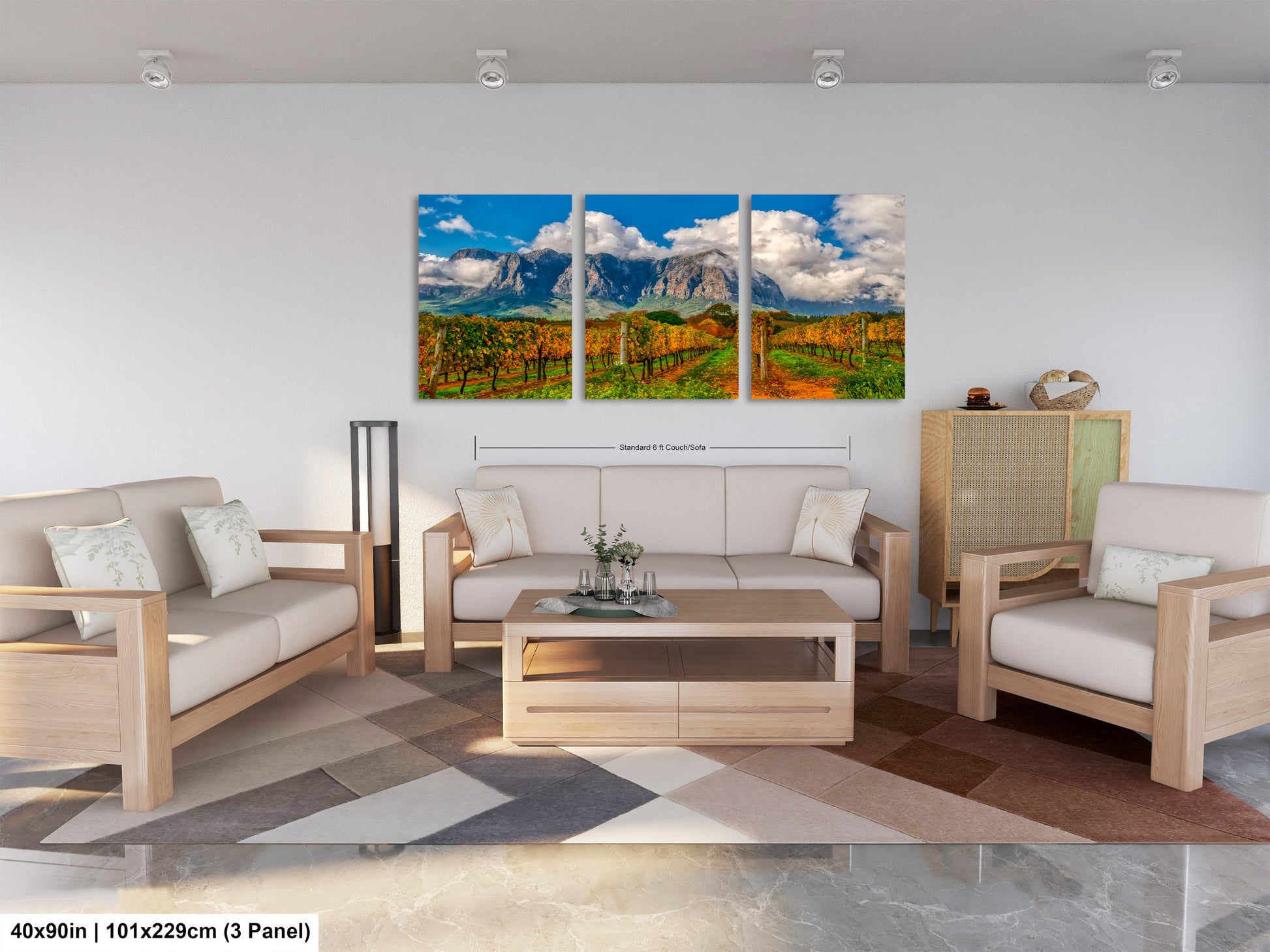 a living room filled with furniture and a painting on the wall