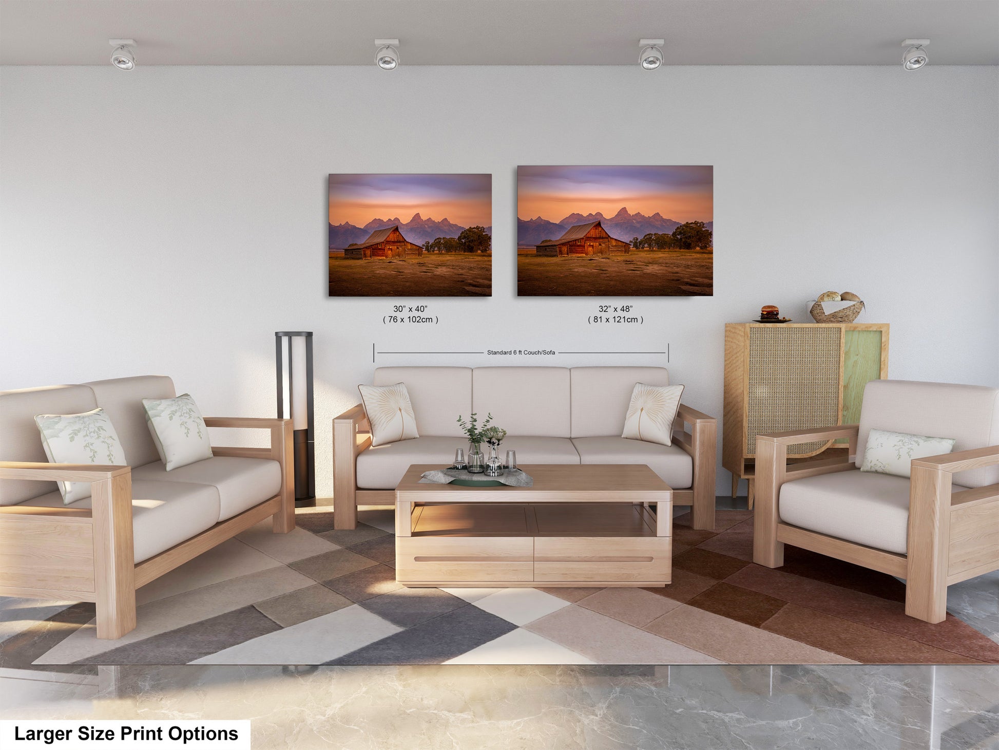 a living room filled with furniture and a painting on the wall