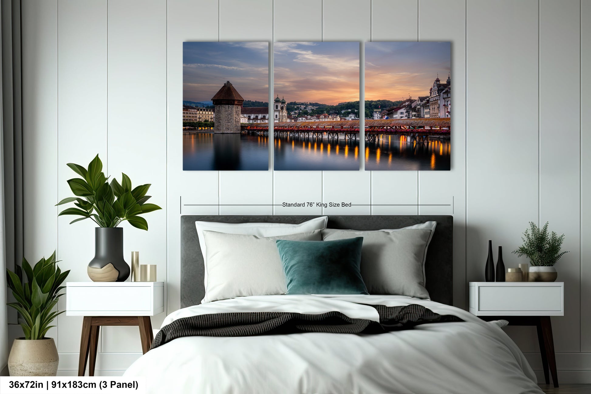a bedroom scene with a bed and two paintings