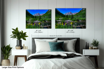 a bedroom with a bed and two pictures on the wall
