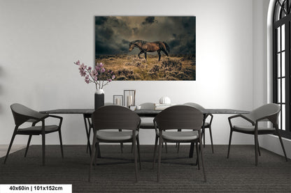 a dining room table with chairs and a painting of a horse on the wall
