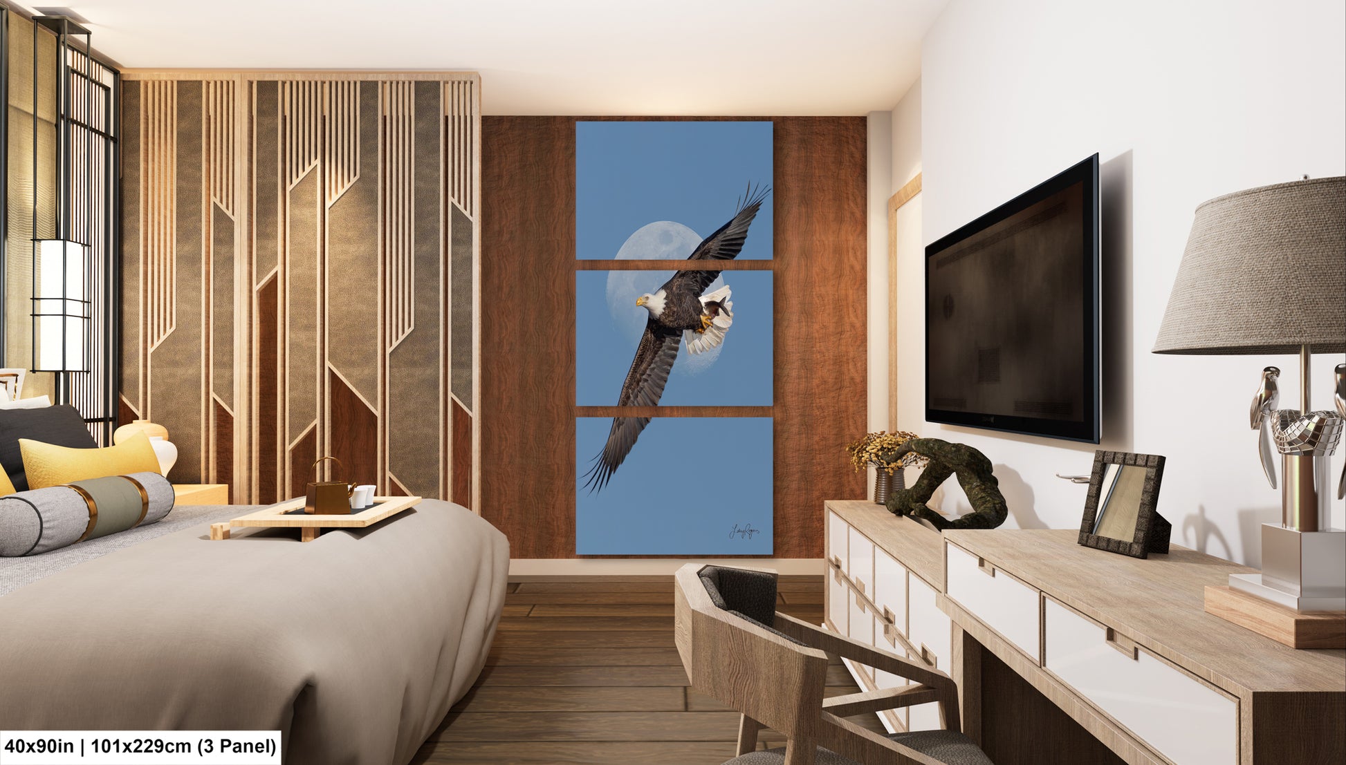 a modern bedroom with a large bed, a television, and a wooden dresser. The room has a minimalist and contemporary design, with a large window providing natural light.