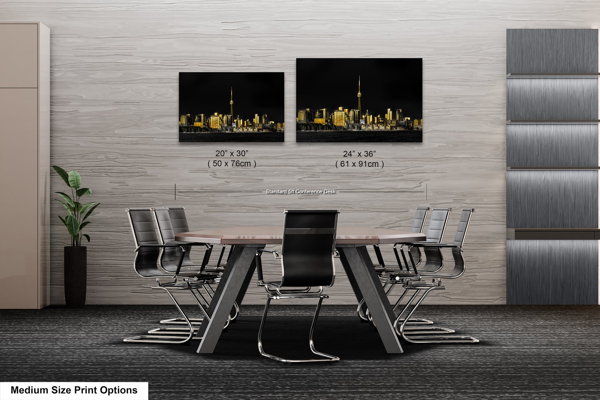 a dining room table with chairs and a picture of a city