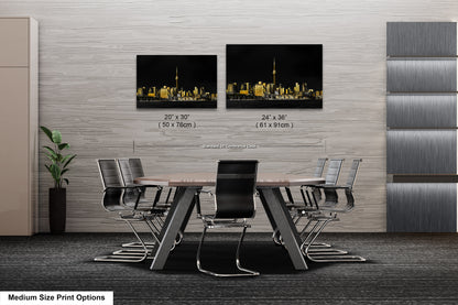 a dining room table with chairs and a picture of a city