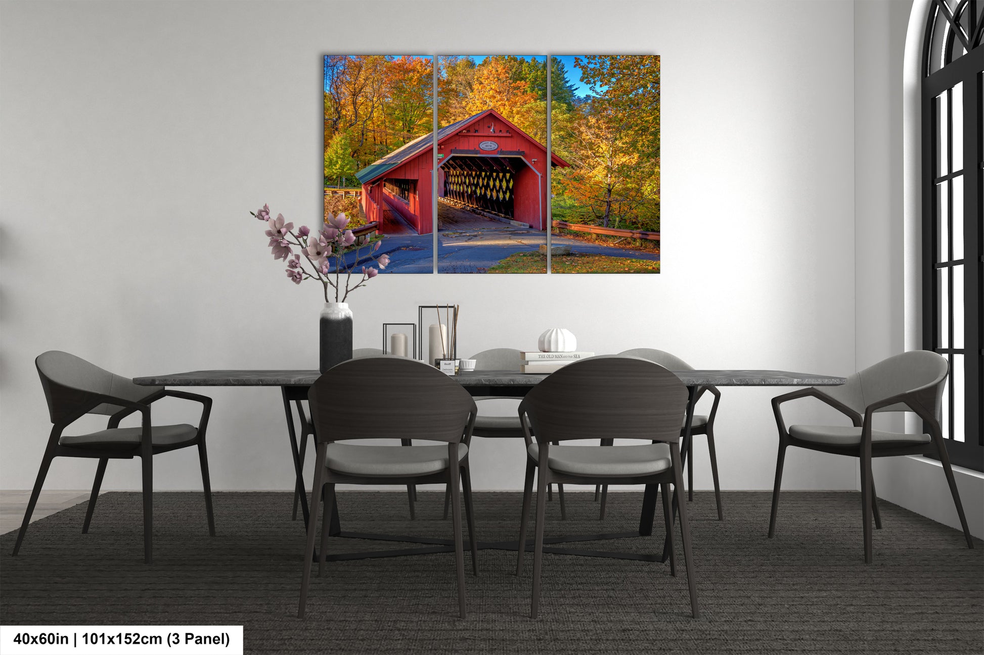 a painting of a covered bridge in autumn