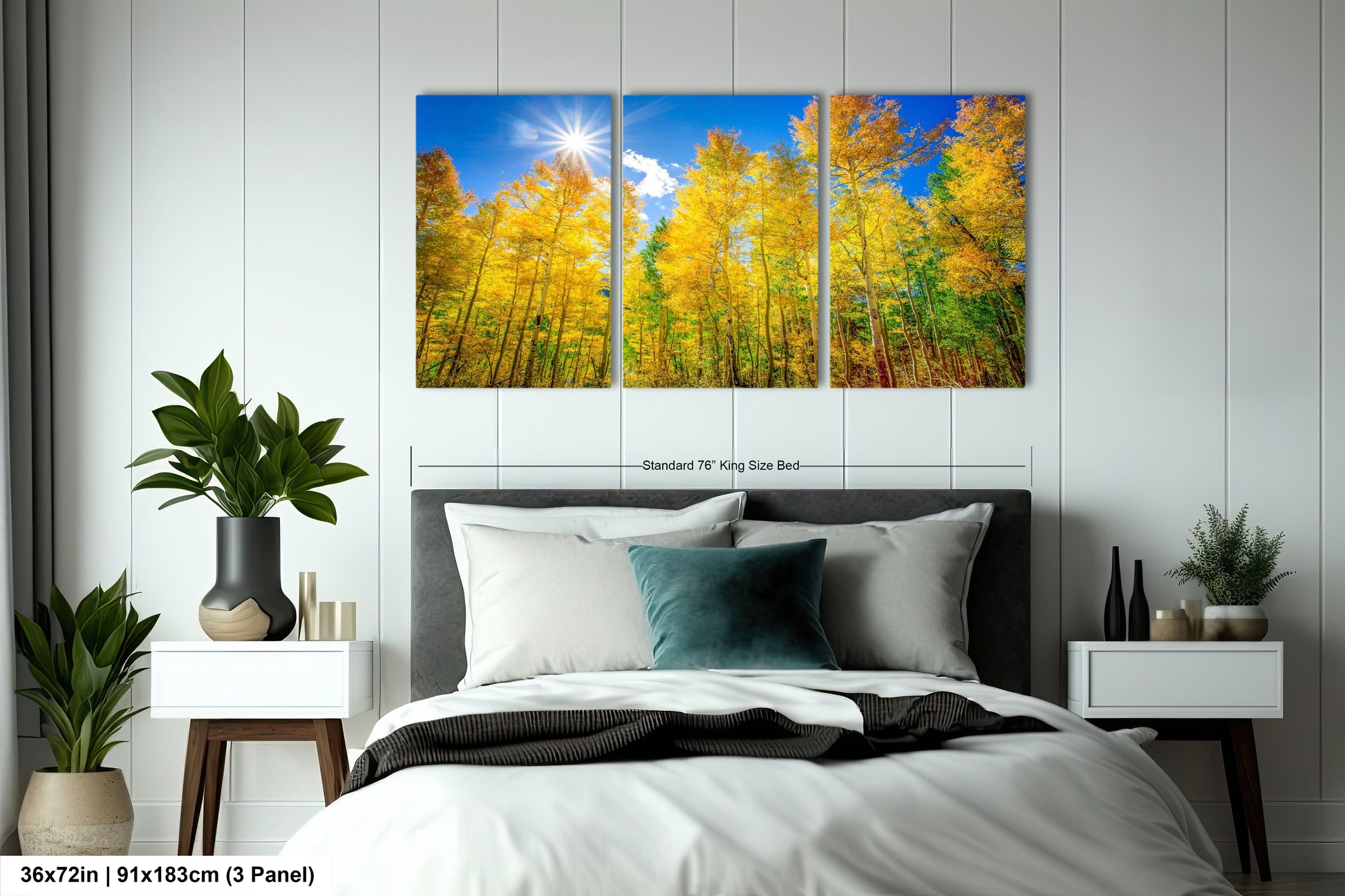 a bedroom scene with focus on the bed and trees