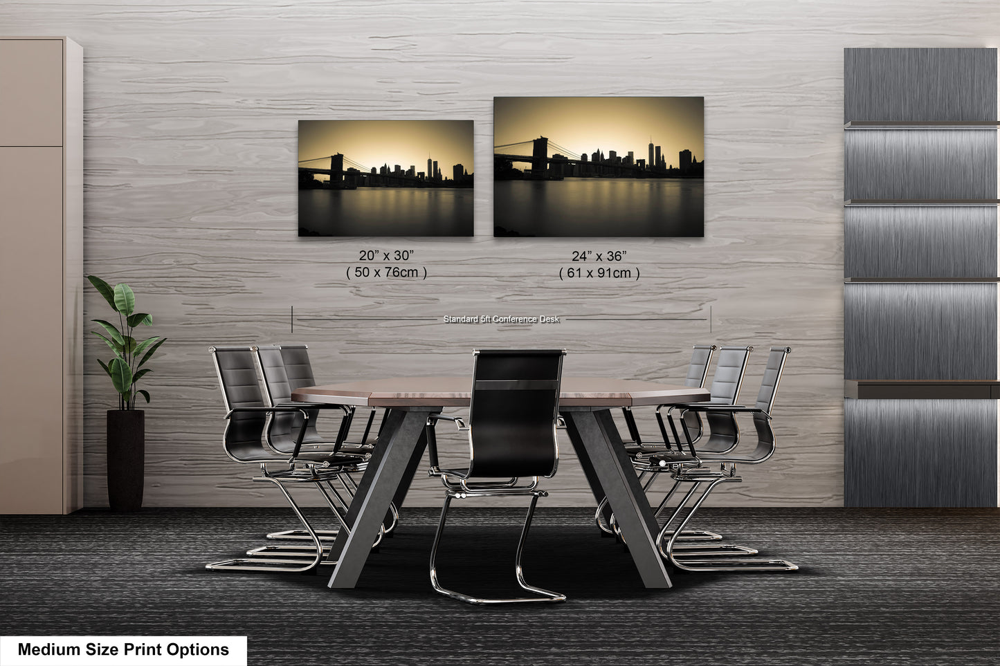 a dining room table with chairs and a picture of a city