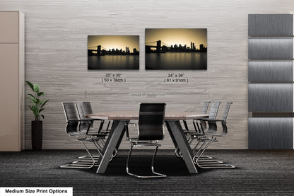 a dining room table with chairs and a picture of a city