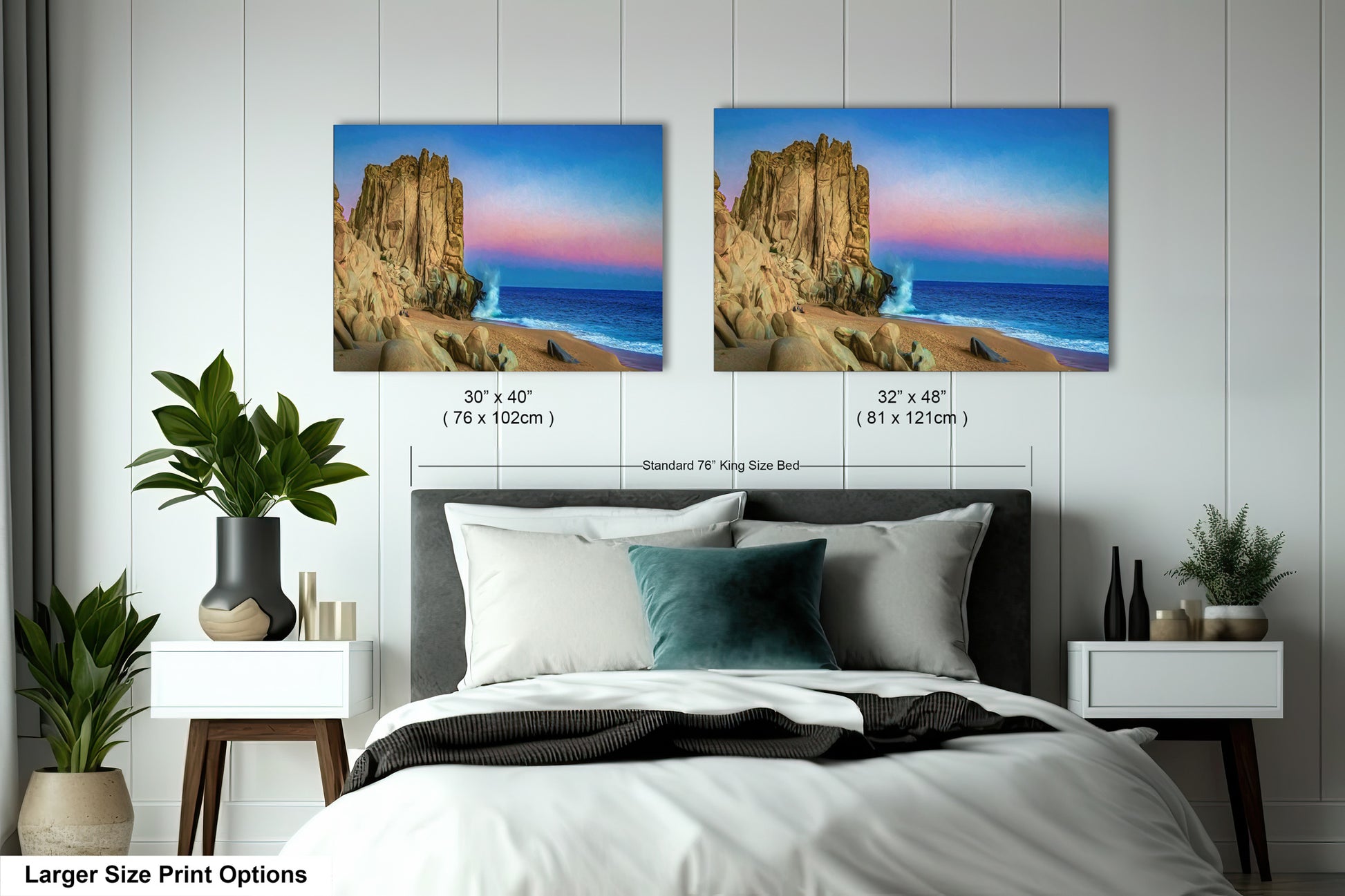 a bedroom with a bed and two pictures on the wall