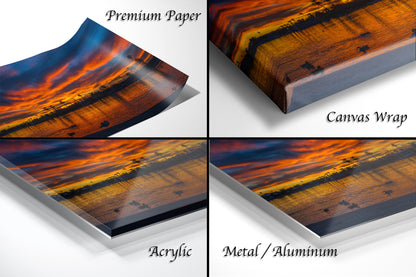 The image is a collage of four different images, each depicting a sunset scene. The images are labeled as "Premium Paper", "Canvas Wrap", "Acrylic", and "Metal/Aluminum".