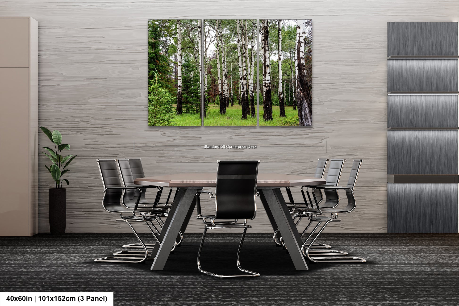 a dining room table with chairs and a picture of a forest on the wall
