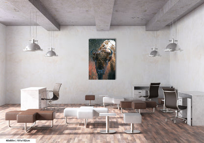 a painting of a bison in a white room