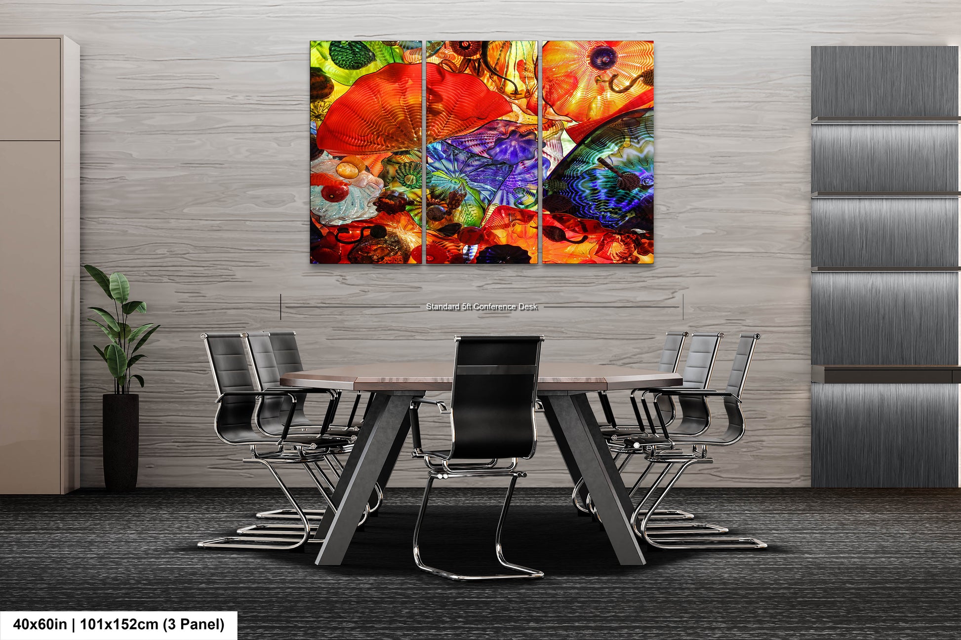 a dining room table with chairs and a painting on the wall
